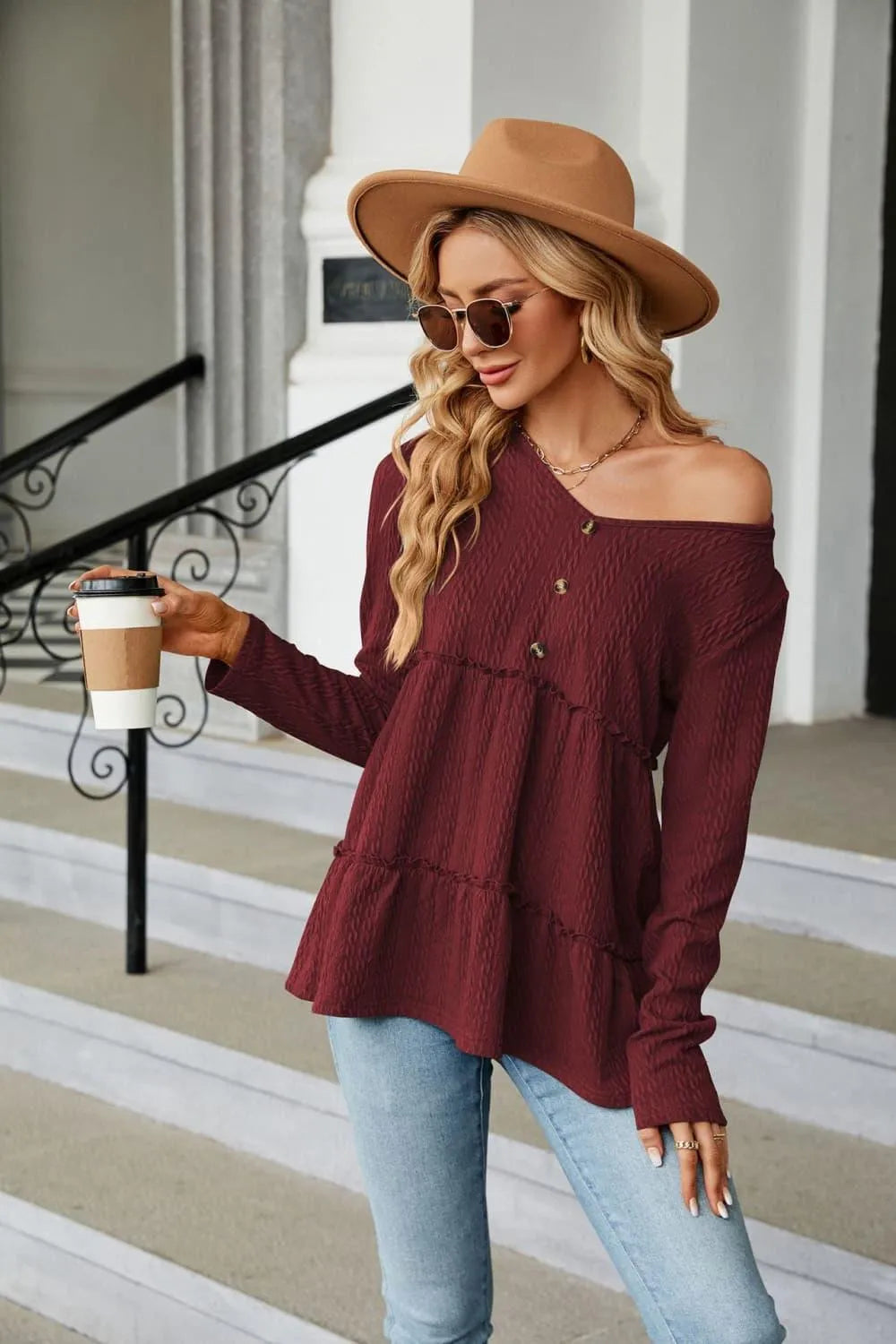 Stylish Long Sleeve V-Neck Cable-Knit Blouse: Shop Now Elevate Your Wardrobe