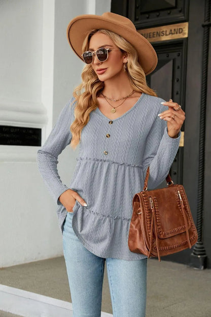 Stylish Long Sleeve V-Neck Cable-Knit Blouse: Shop Now Elevate Your Wardrobe