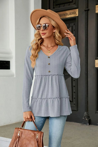 Stylish Long Sleeve V-Neck Cable-Knit Blouse: Shop Now Elevate Your Wardrobe