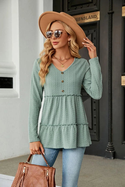 Stylish Long Sleeve V-Neck Cable-Knit Blouse: Shop Now Elevate Your Wardrobe