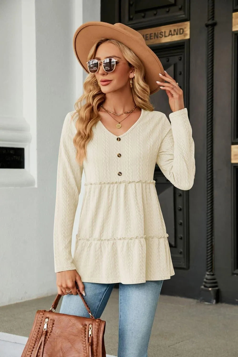 Stylish Long Sleeve V-Neck Cable-Knit Blouse: Shop Now Elevate Your Wardrobe