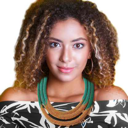 Top Pick: Teal & Gold Beaded Rope Necklace, Triple Layered