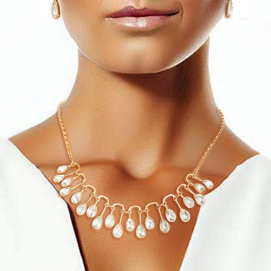 Unleash Elegance: Gold Tone Chain Necklace Set Clear Crystal Details