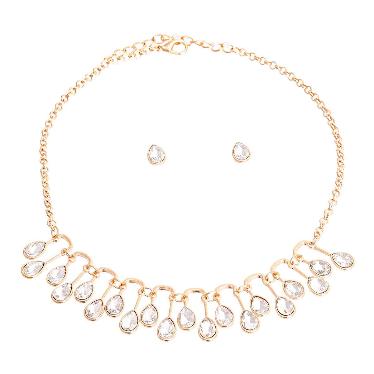 Unleash Elegance: Gold Tone Chain Necklace Set Clear Crystal Details