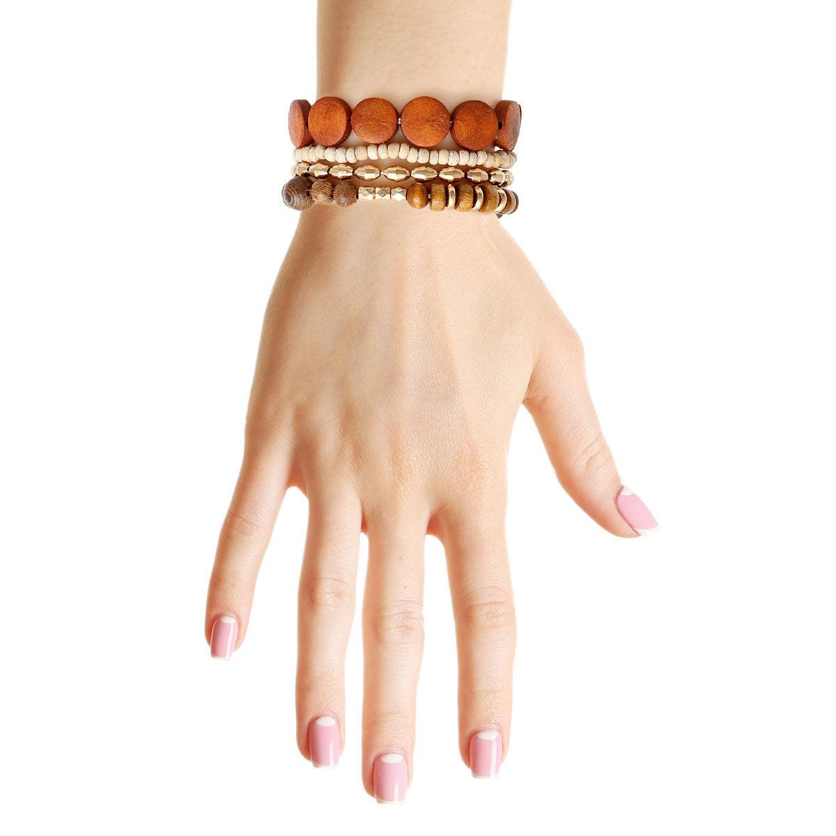 Unleash the Earthy Elegance: Brown Wooden Beads 4 Pcs Stretch Bracelet Set