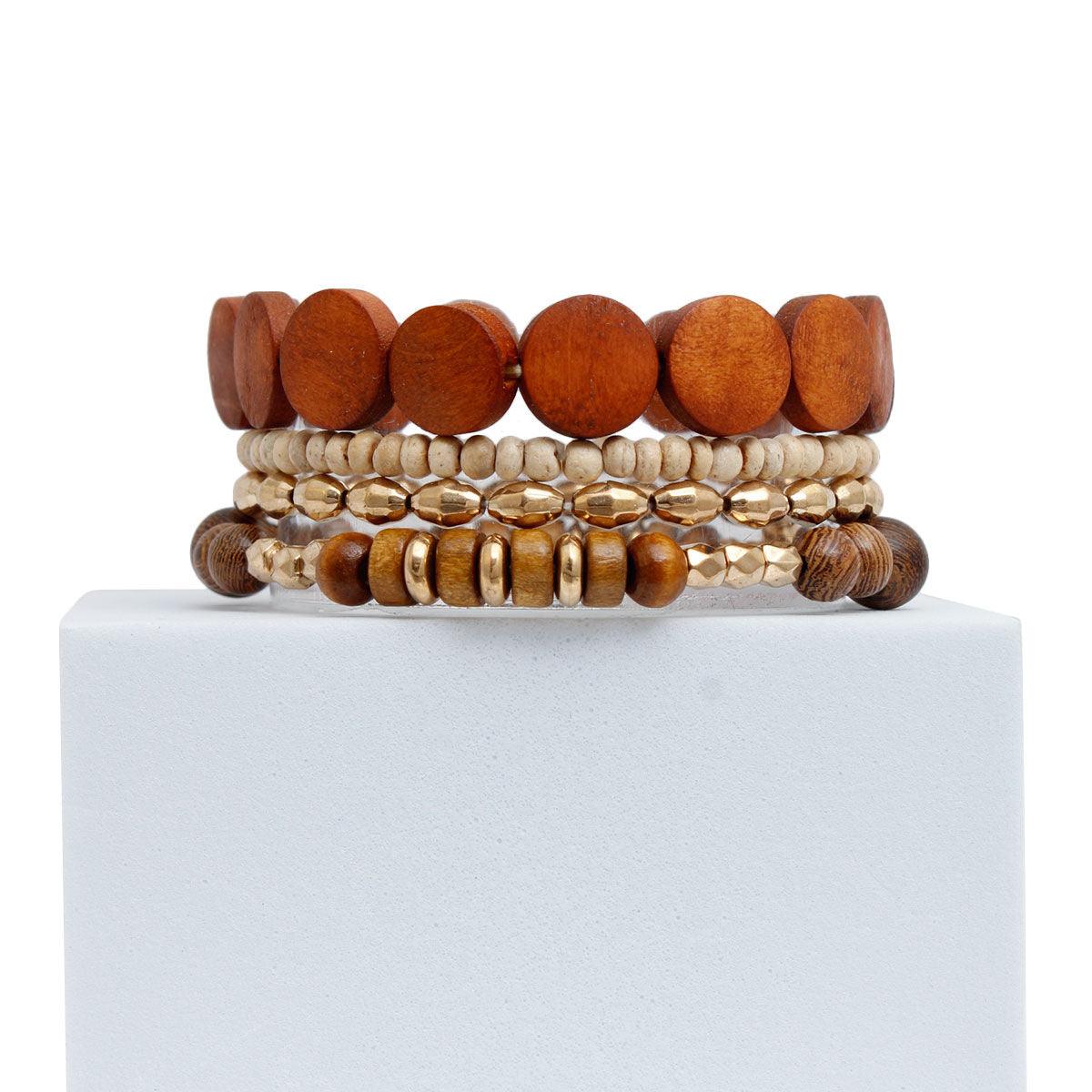 Unleash the Earthy Elegance: Brown Wooden Beads 4 Pcs Stretch Bracelet Set