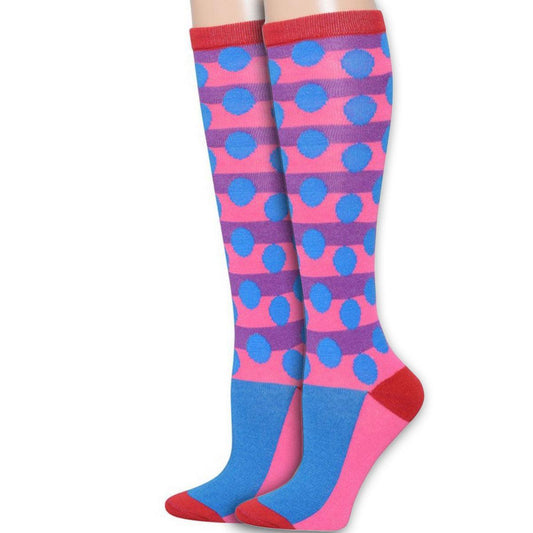 Unleash Your Playful Side with Trendy Women's Pink Knee High Socks - Blue Polka Dot Delight!