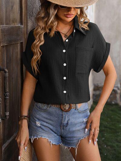 Unlock Style: Textured Pocketed Button Up Shirt for Women