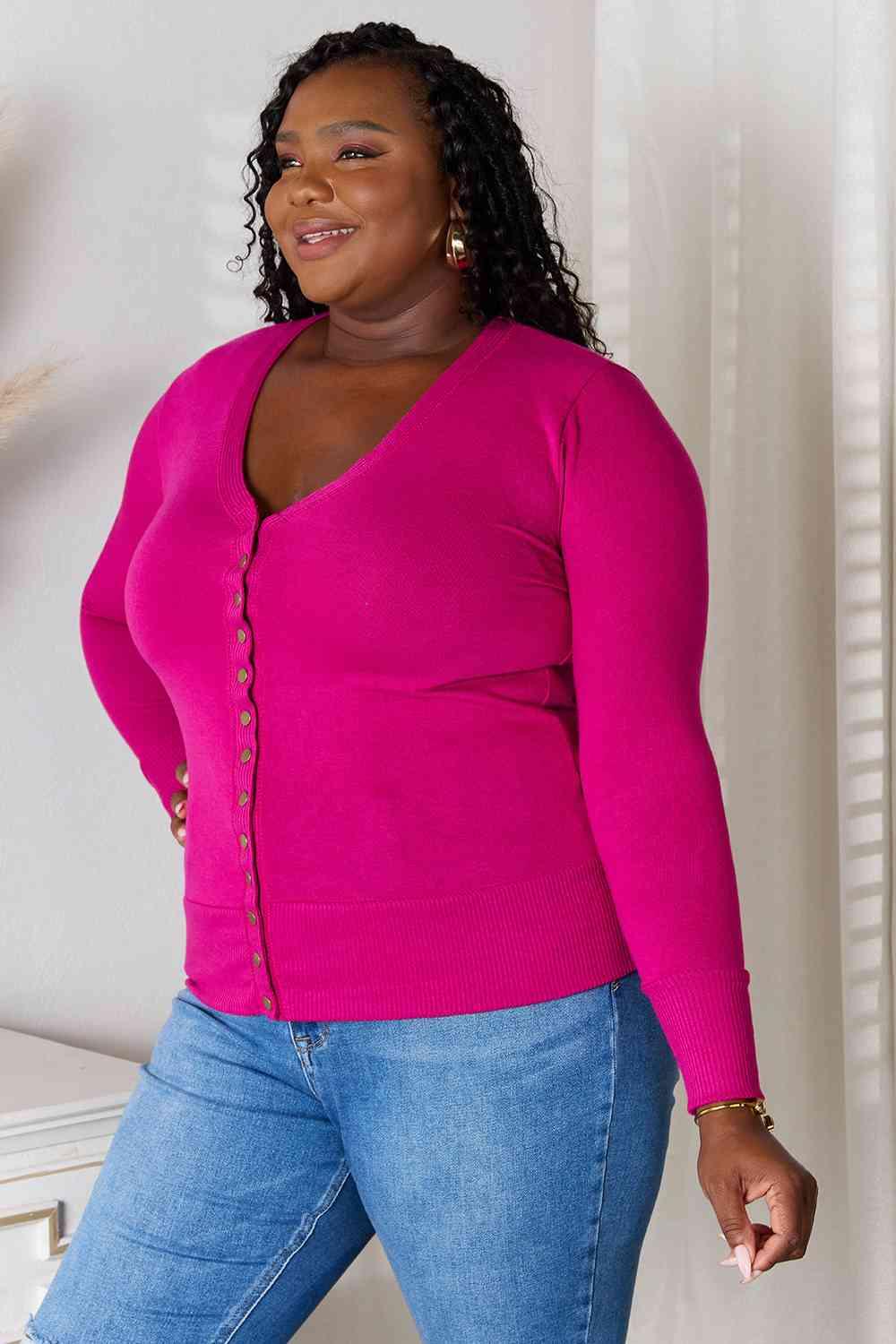 Versatile Magenta V-Neck Long Sleeve Cardigan Top for Women
