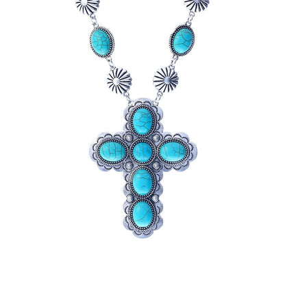 Western Burnished-Tone Chain Necklace: Turquoise Cross Pendant Feature