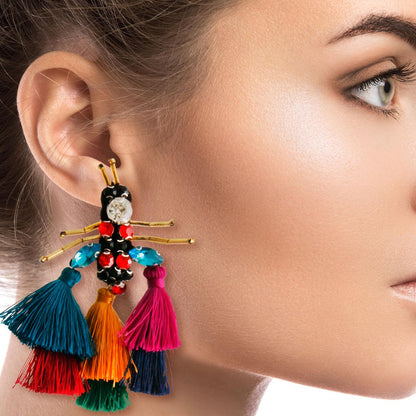 Whimsical Multicolor Tassel Bee Statement Fashion Earrings