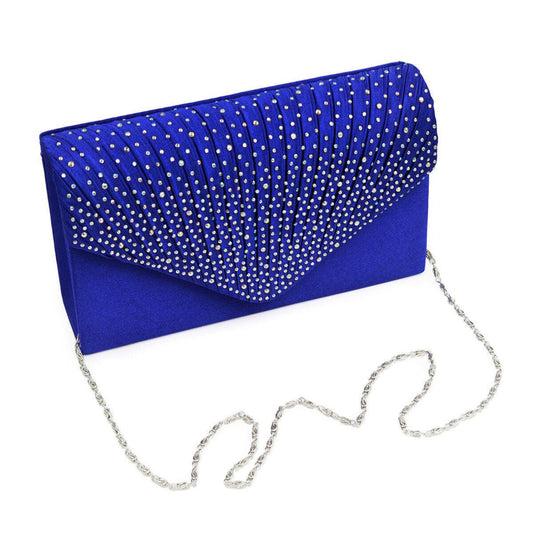 Women's Blue Clutch Bag with Ruched Design and Rhinestone Embellishments