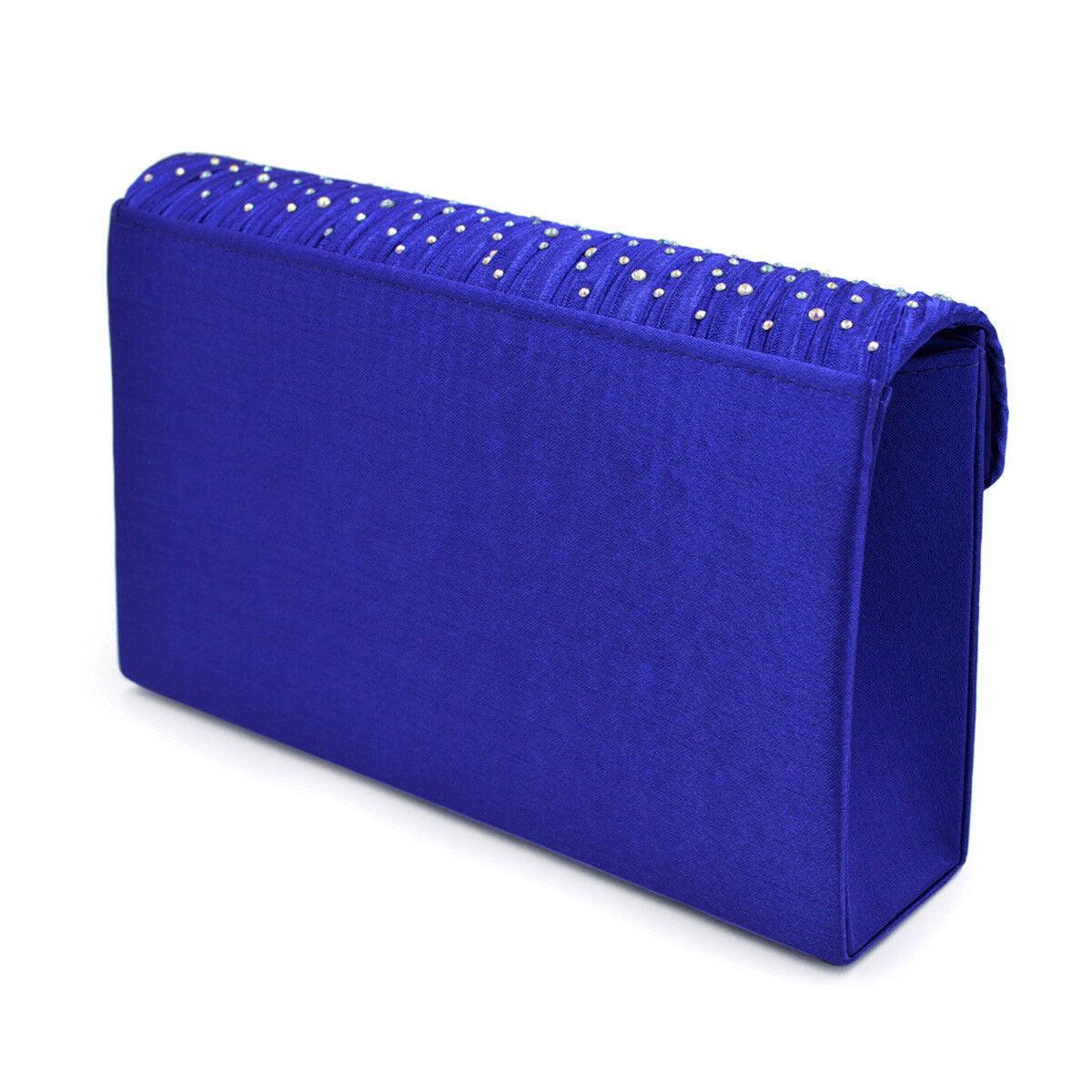 Women's Blue Clutch Bag with Ruched Design and Rhinestone Embellishments