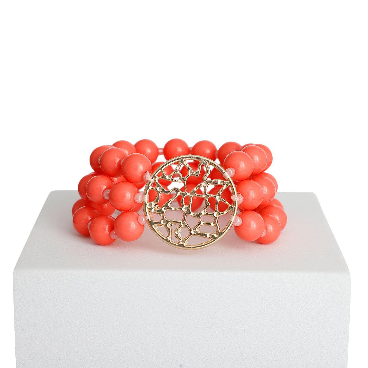 Women's Coral Beaded Bracelet with Gold Medallion: Elevate Your Style
