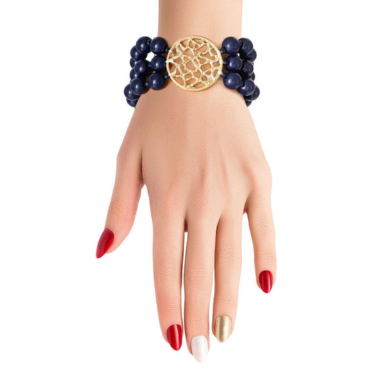 Women's Navy Beaded Bracelet and Gold Medallion: Unleash Your Glamour