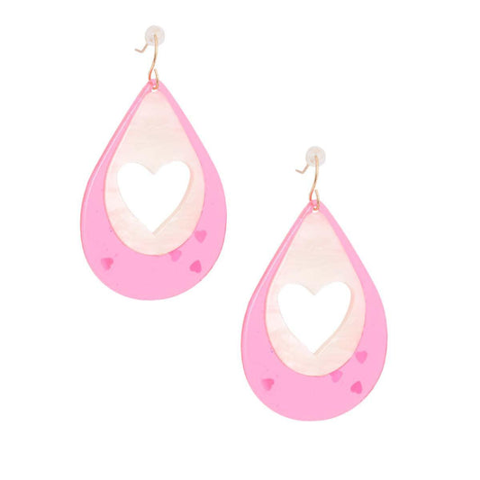 Women's Pink Teardrop Earrings Open Heart Detail