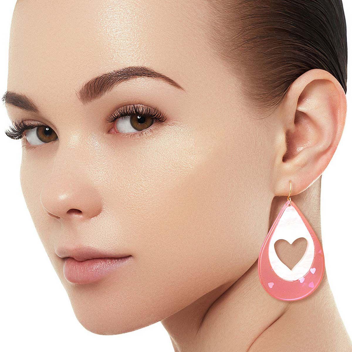 Women's Pink Teardrop Earrings Open Heart Detail