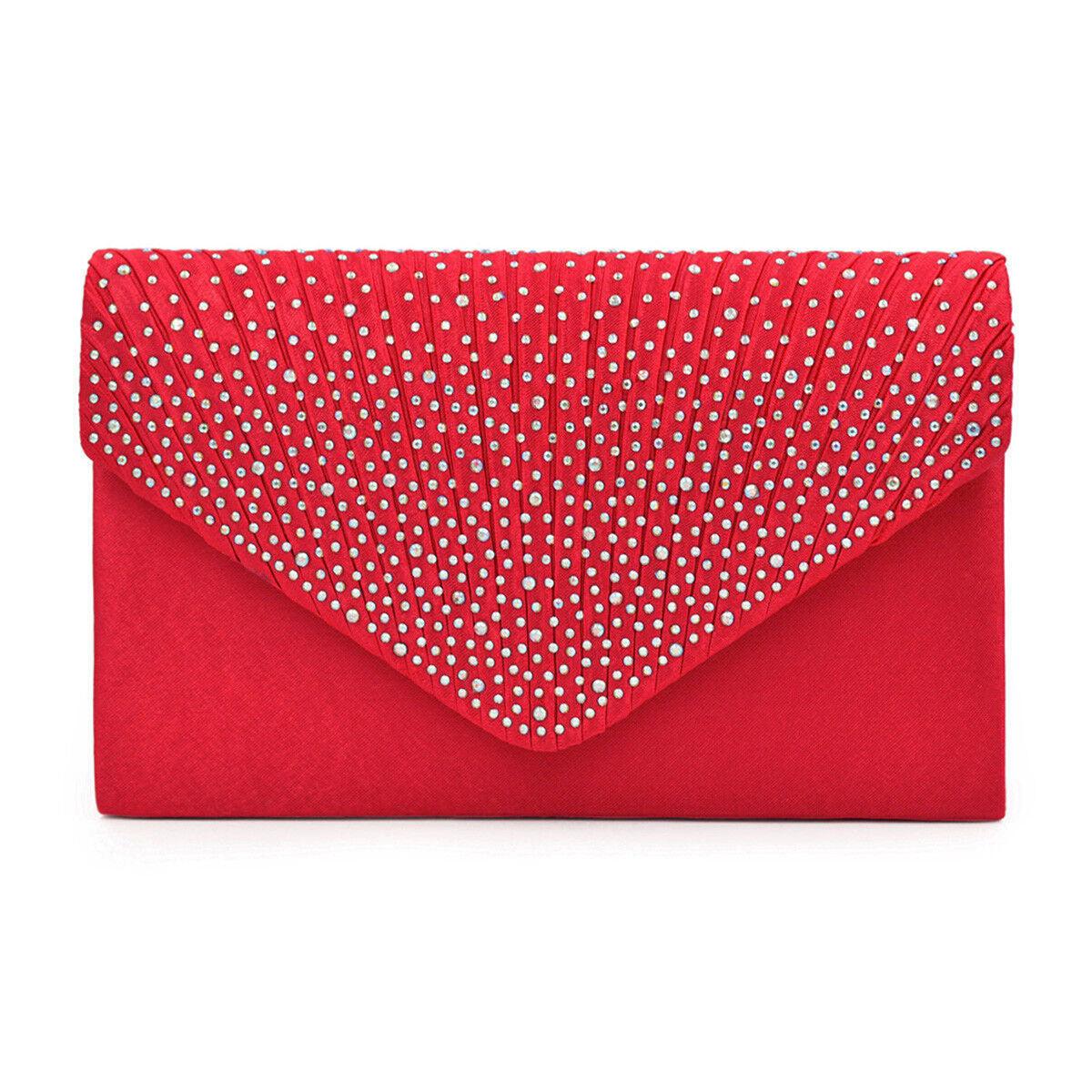 Women's Red Clutch Bag with Ruched Design and Rhinestone Embellishments